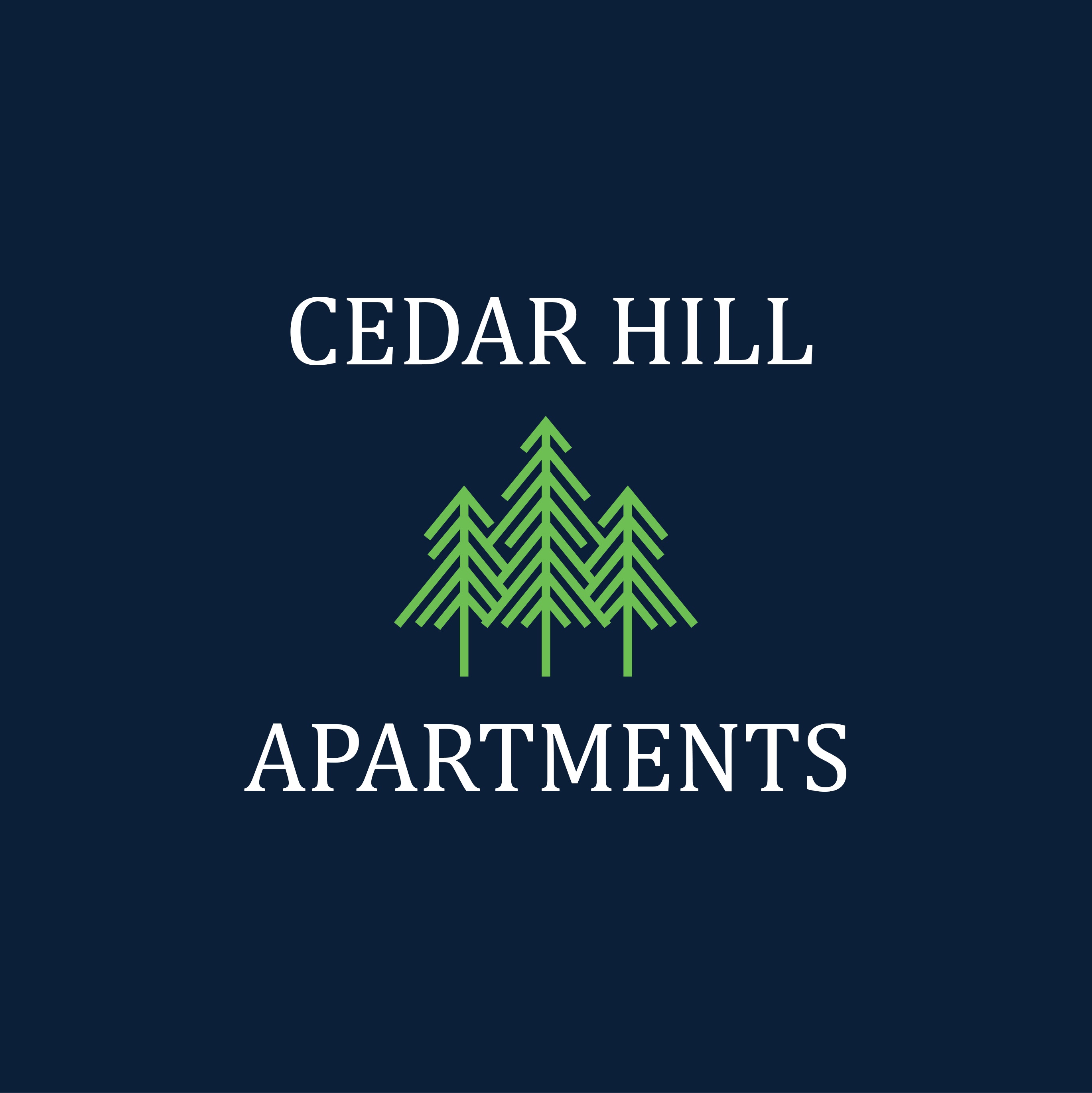 A logo for Cedar Hill Apartments featuring green trees.